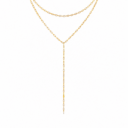 Gold layered Y necklace with delicate elongated chain drop