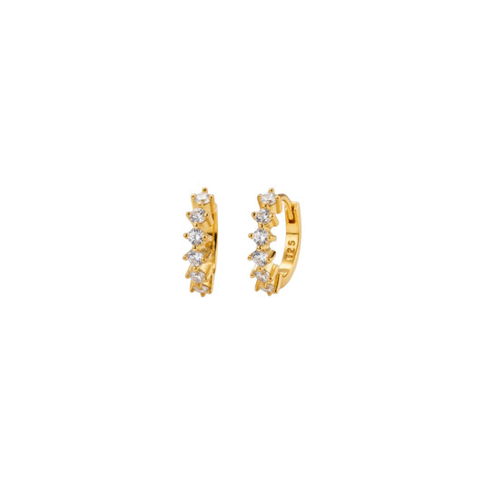 Scandal Kiss 18ct gold plated sterling silver huggie earrings with clustered cubic zirconia stones, 12mm.