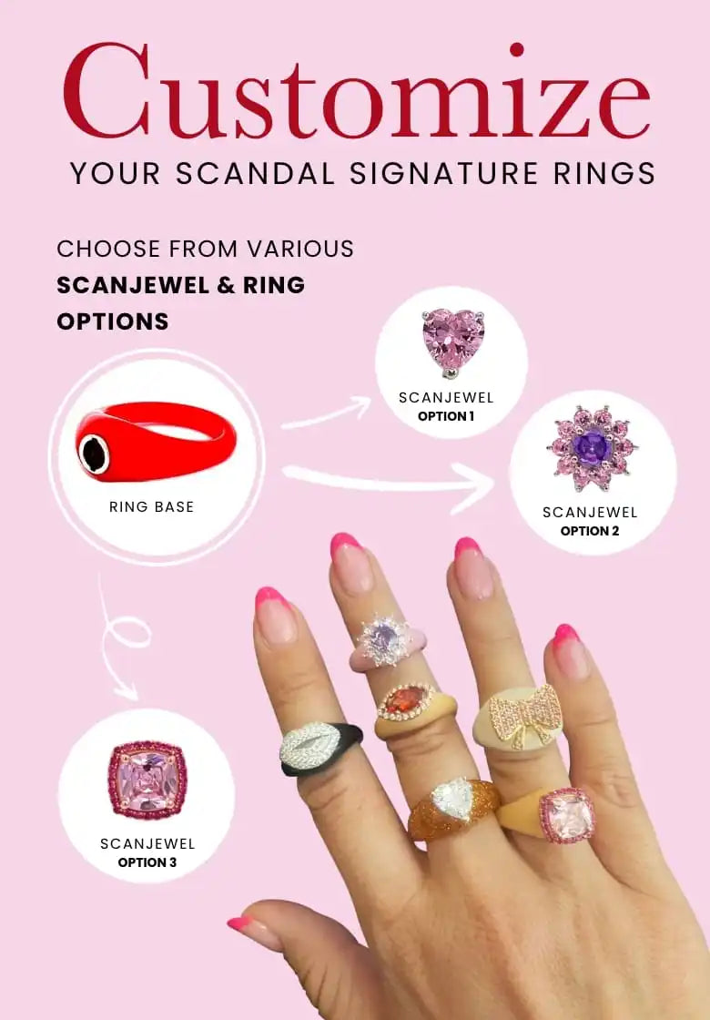 A hand adorned with multiple customizable rings featuring various jewel and band options.