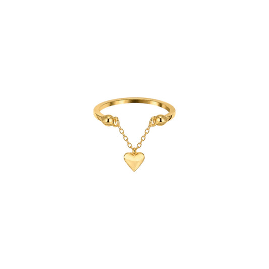 Scandal Kiss Gold Heart Chain Ring in 14ct Gold plated 925 Sterling Silver with a delicate heart charm