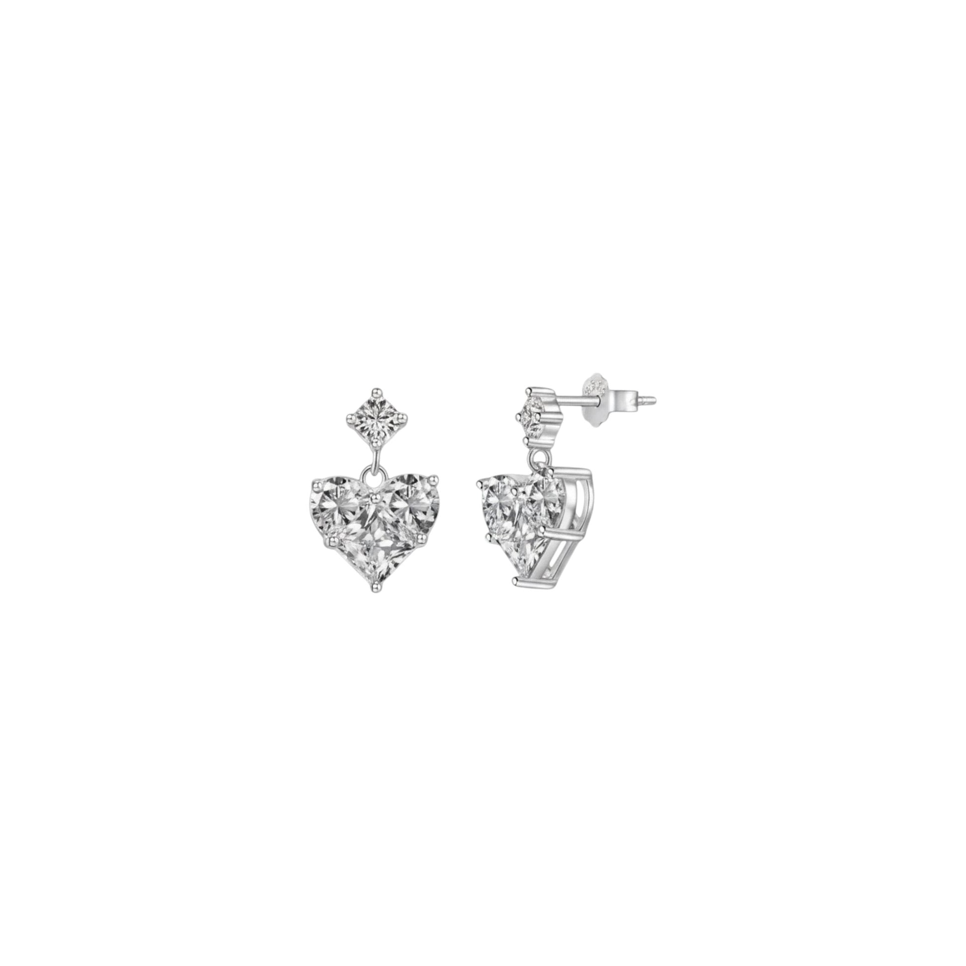 Heart drop stud earrings in sterling silver with sparkling zirconia detailing