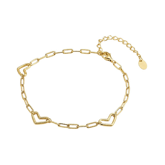 Gold Heart Link Bracelet in 14ct Gold plated 925 Sterling Silver with polished open-heart details