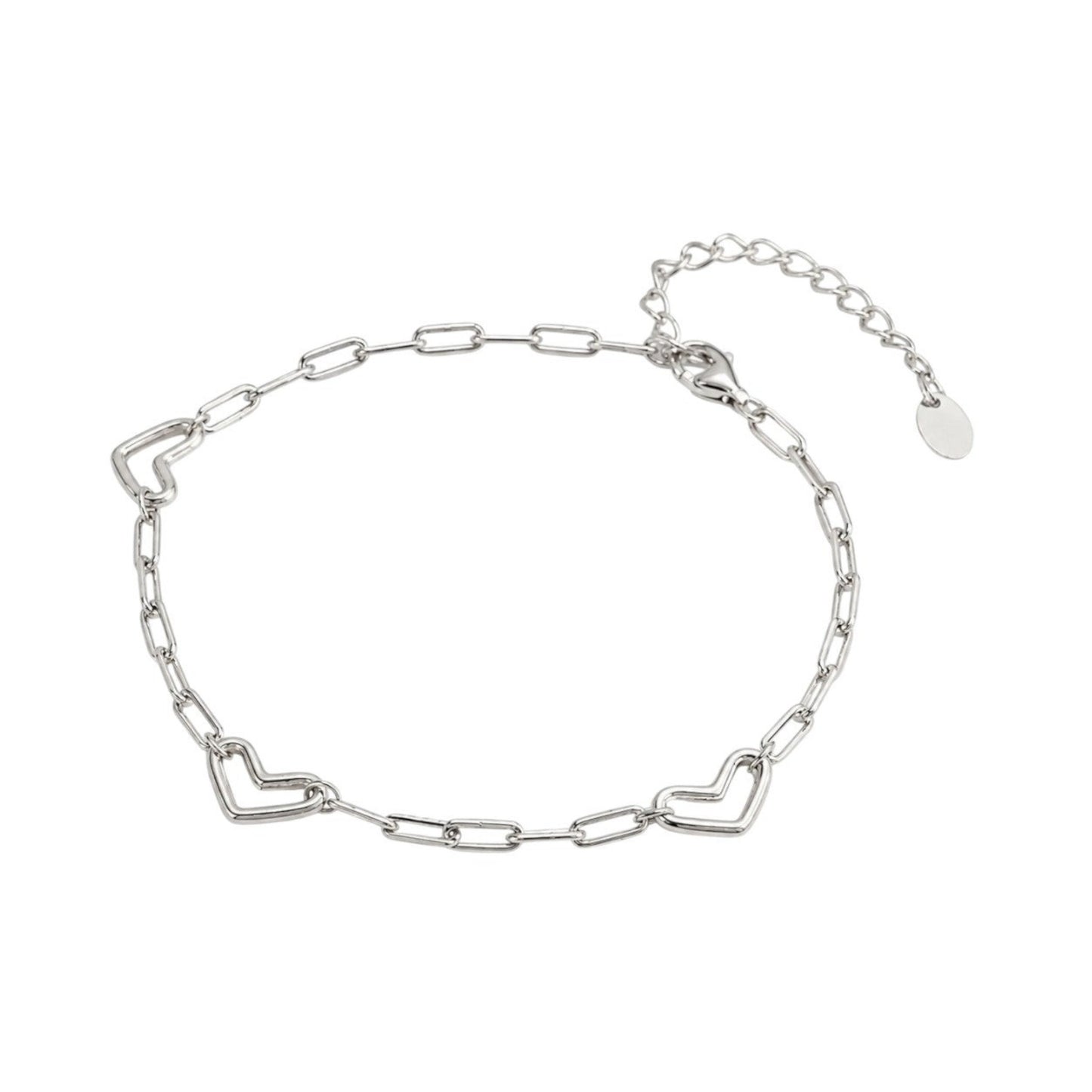 White Gold Heart Link Bracelet in plated 925 Sterling Silver with polished open-heart details