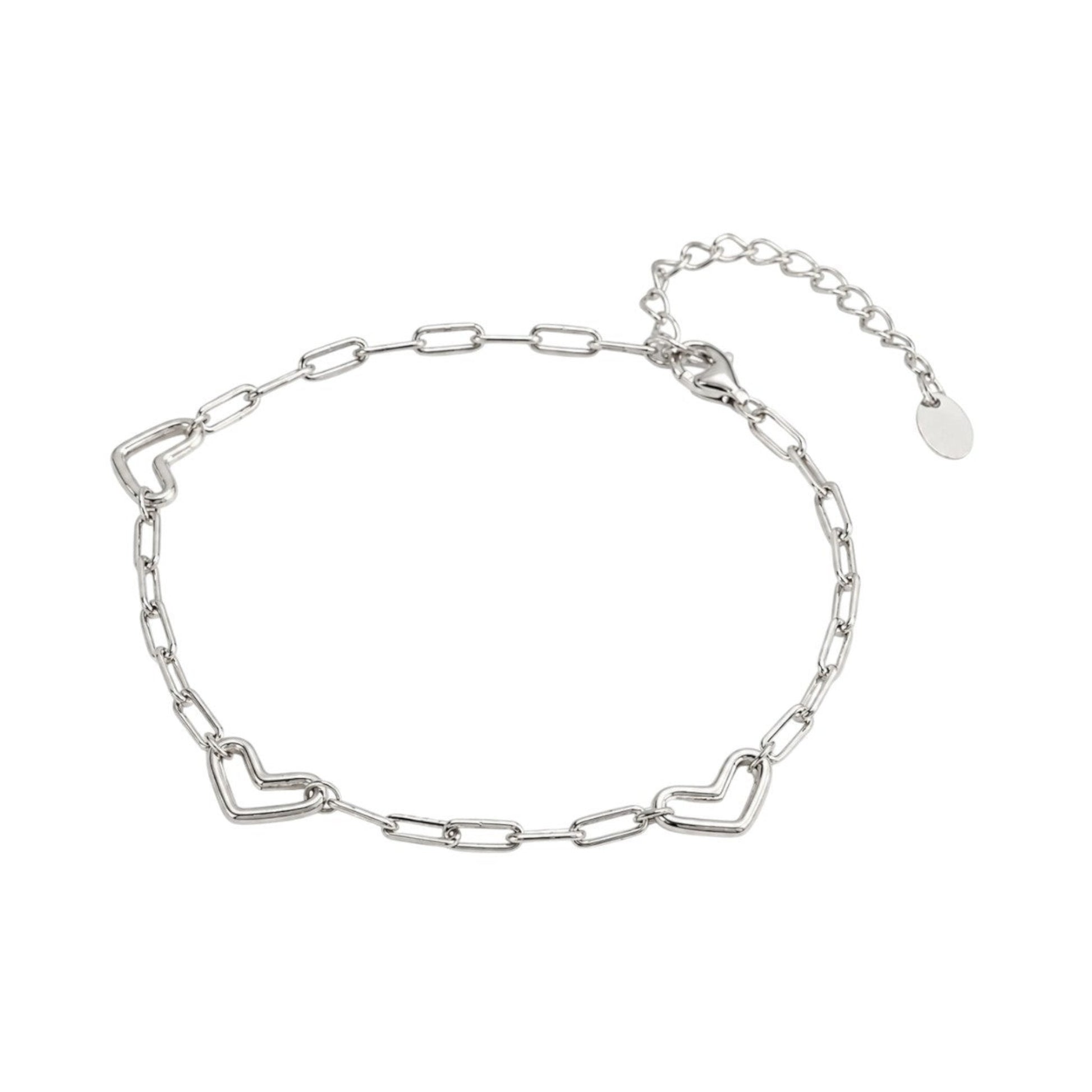 White Gold Heart Link Bracelet in plated 925 Sterling Silver with polished open-heart details