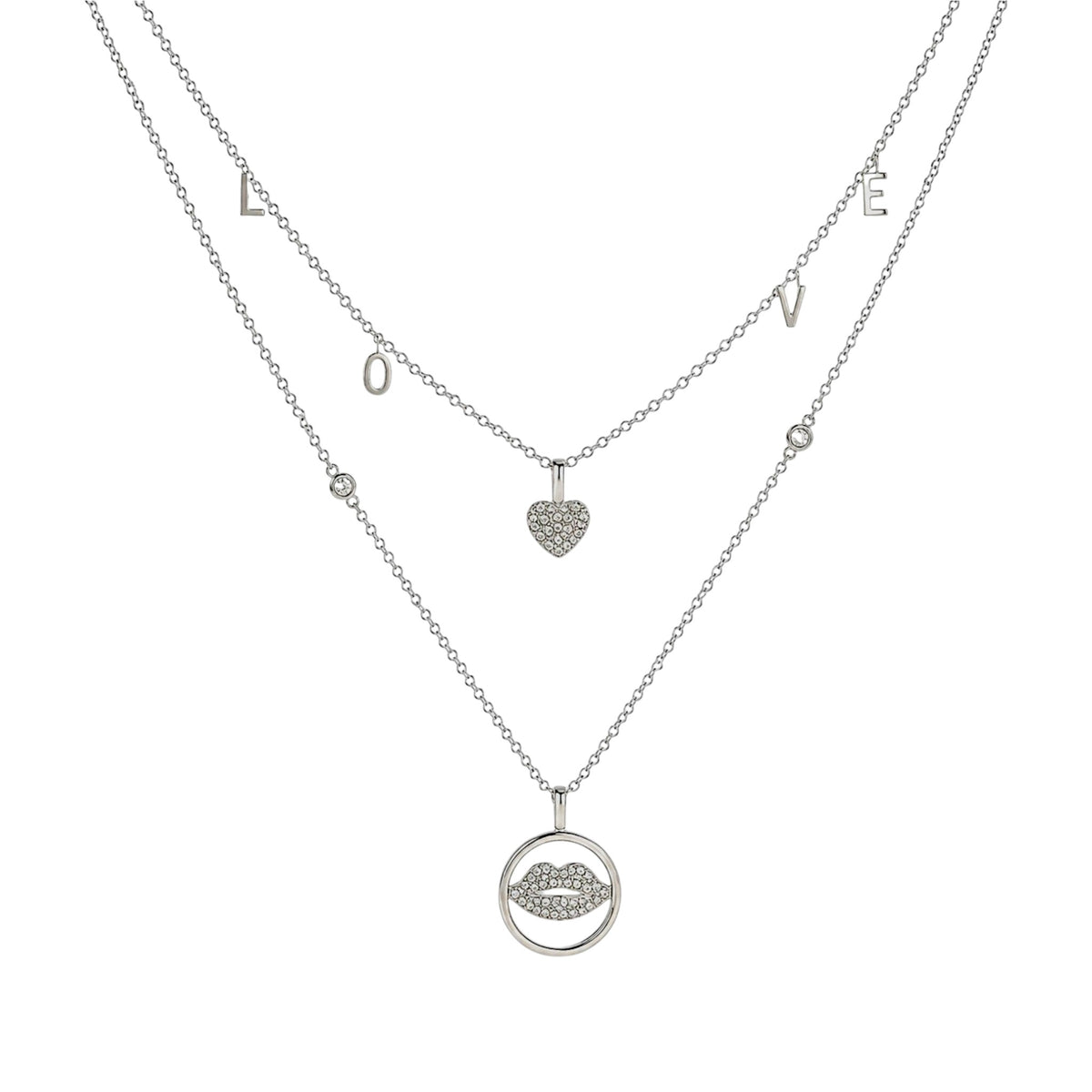 Silver Layered Love and Lips Necklace in 925 Sterling Silver with LOVE letters, heart and circular lips pendant