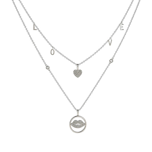 Silver Layered Love and Lips Necklace in 925 Sterling Silver with LOVE letters, heart and circular lips pendant