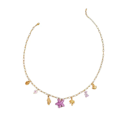 Gold necklace with colorful charms on a white background