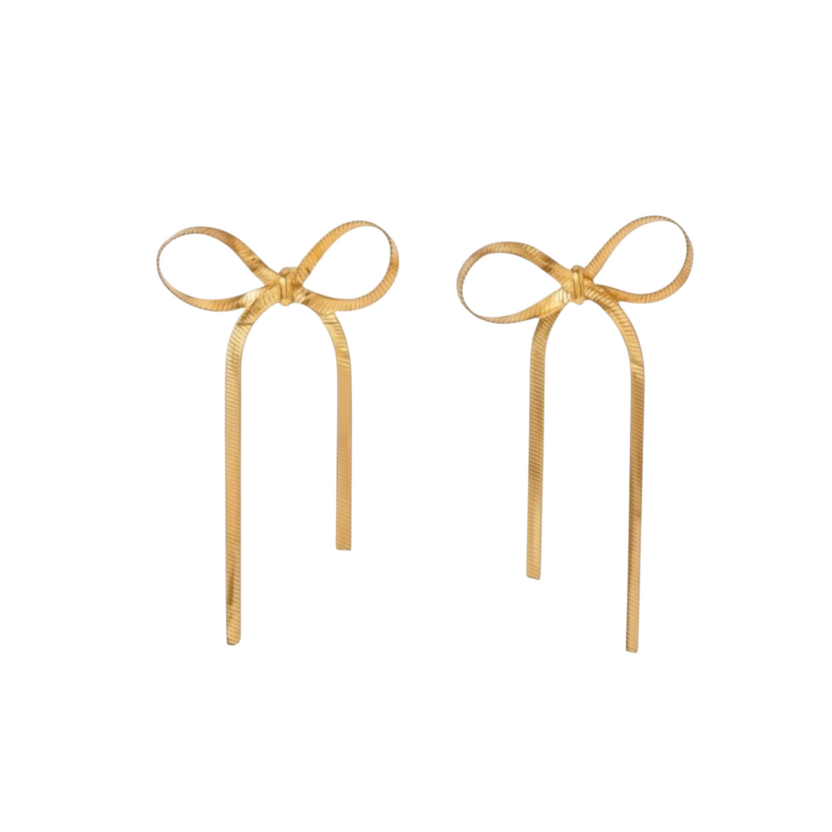Long Ribbon Bow Stud Earrings in gold with elongated tails and fine textured detailing