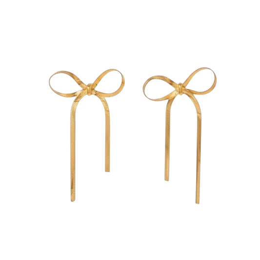 Long Ribbon Bow Stud Earrings in gold with elongated tails and fine textured detailing