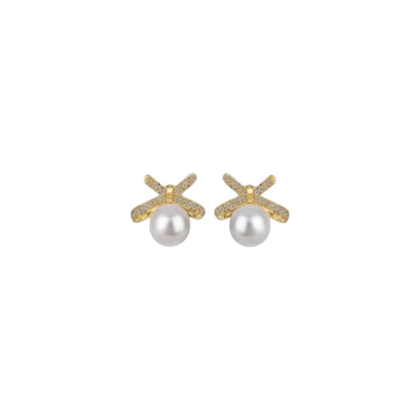 Gold pave bow pearl stud earrings in 925 sterling silver