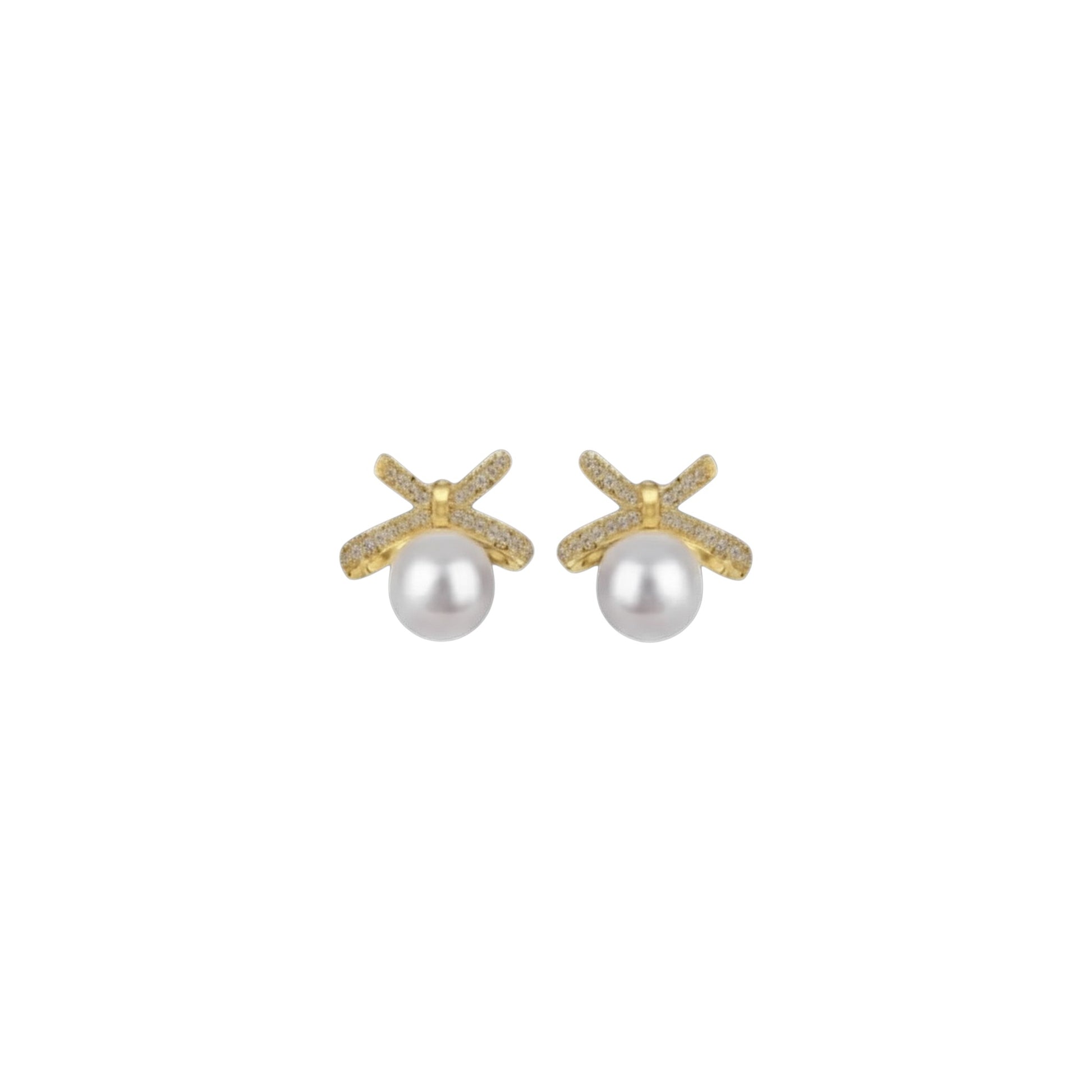Gold pave bow pearl stud earrings in 925 sterling silver
