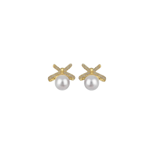 Gold pave bow pearl stud earrings in 925 sterling silver