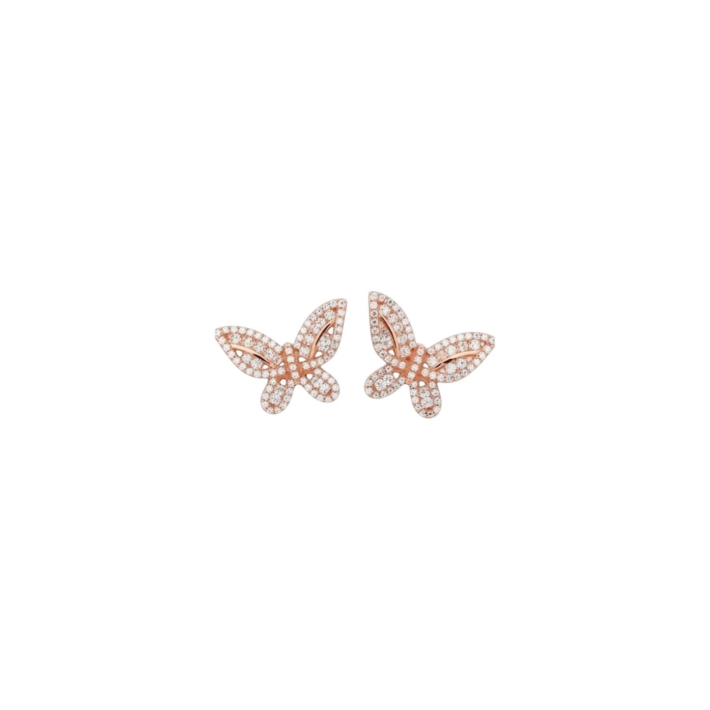 Rose gold pavé butterfly stud earrings in sterling silver with zirconia detailing