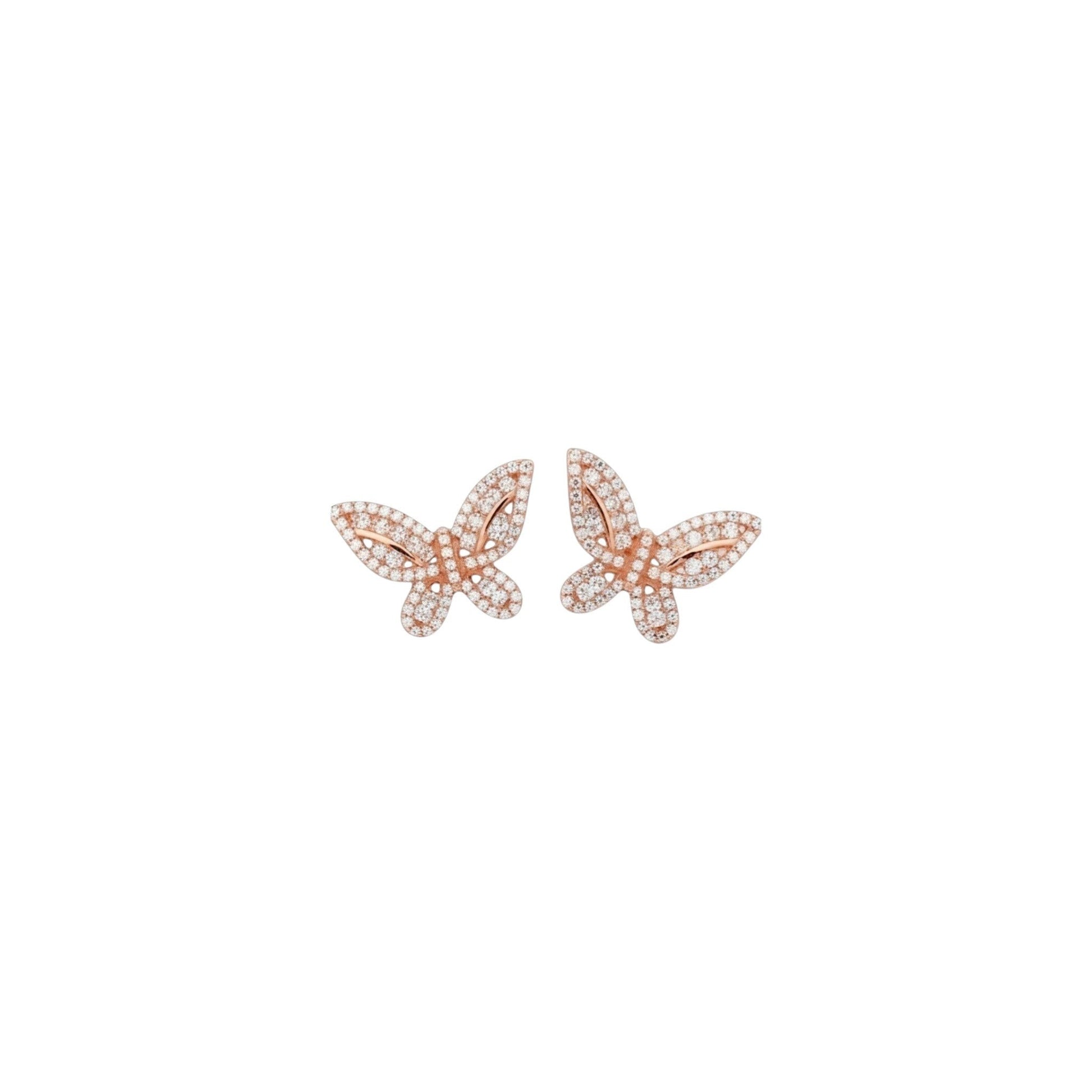 Rose gold pavé butterfly stud earrings in sterling silver with zirconia detailing