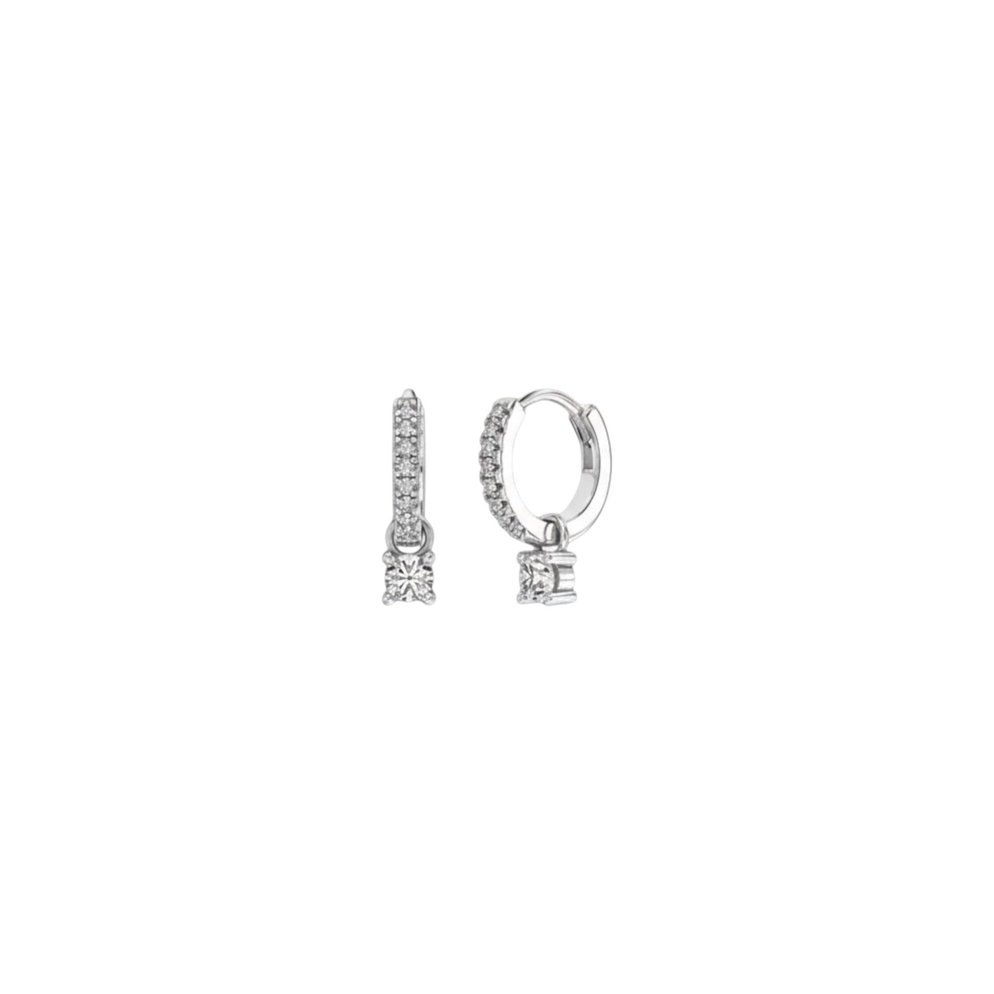 White gold pavé charm huggie earrings in sterling silver with zirconia detailing
