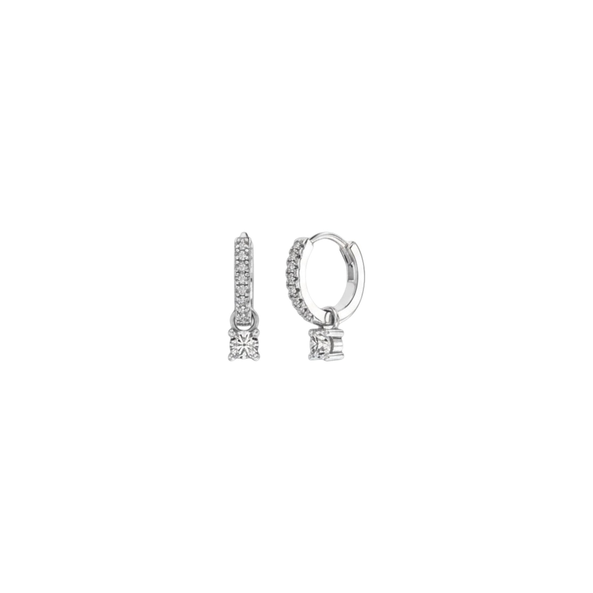 White gold pavé charm huggie earrings in sterling silver with zirconia detailing