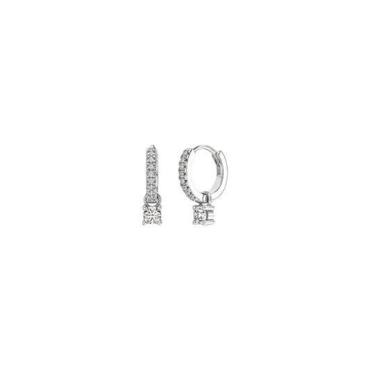 White gold pavé charm huggie earrings in sterling silver with zirconia detailing