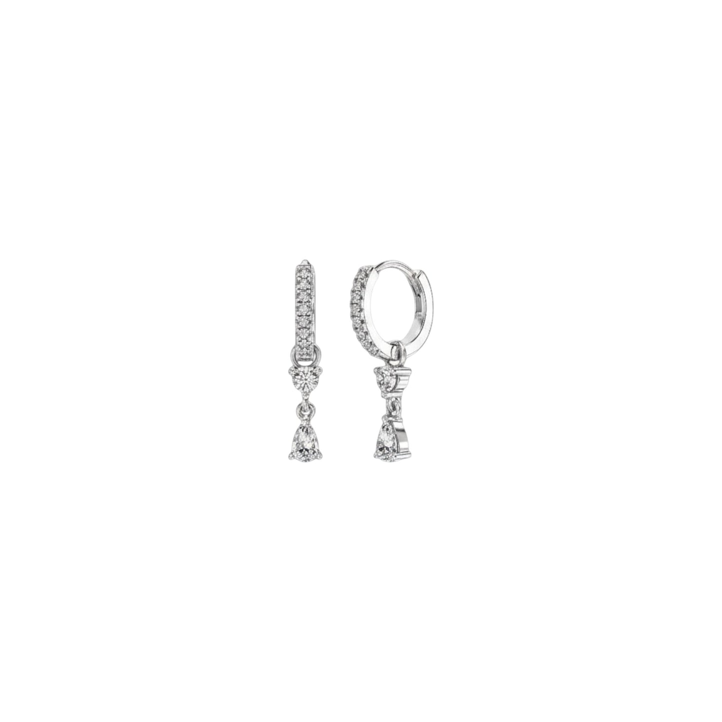 Pave drop charm huggie earrings in gold and white gold plated 925 sterling silver