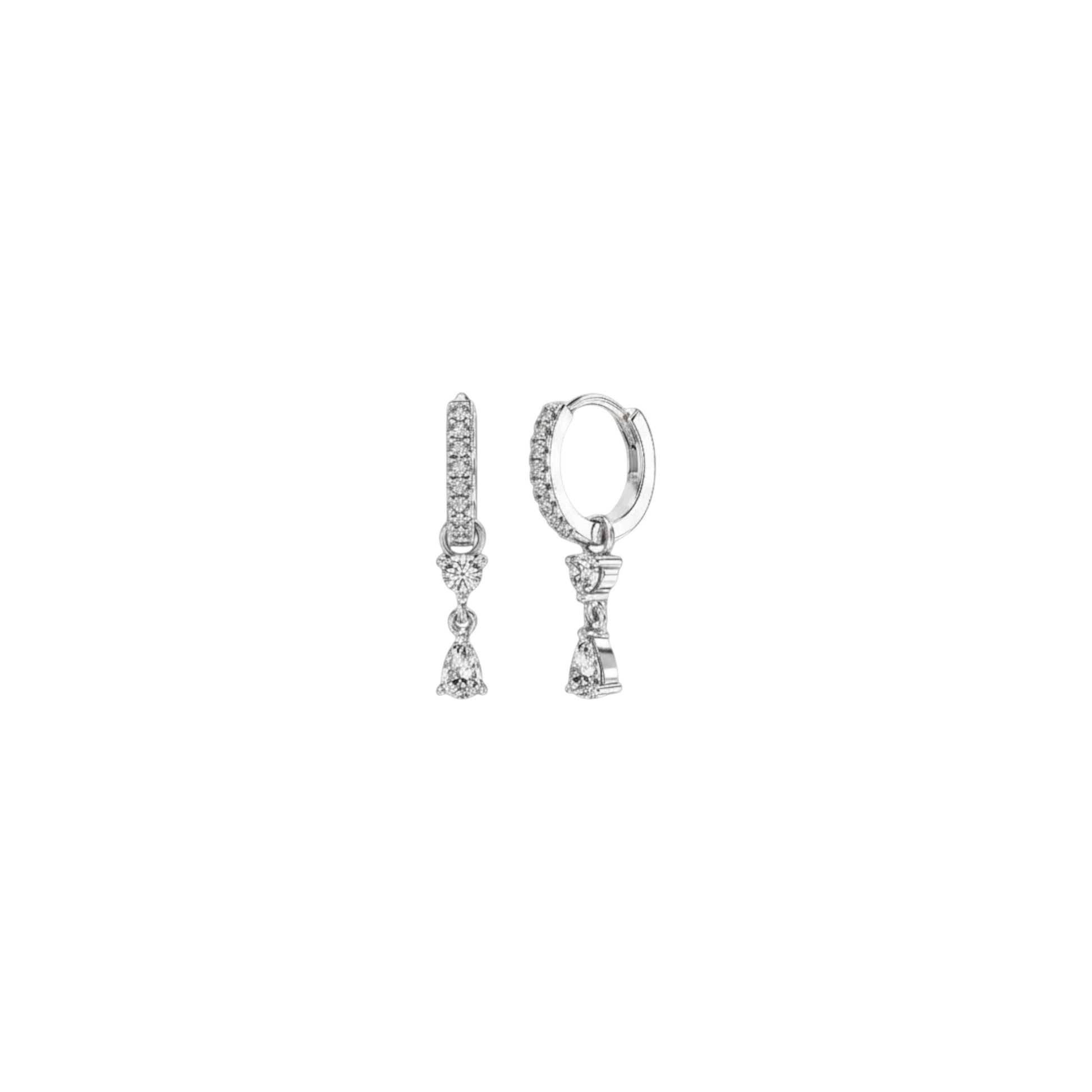 Pave drop charm huggie earrings in gold and white gold plated 925 sterling silver