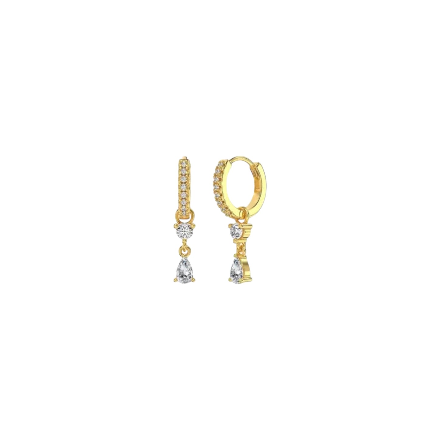 Pave drop charm huggie earrings in gold and white gold plated 925 sterling silver