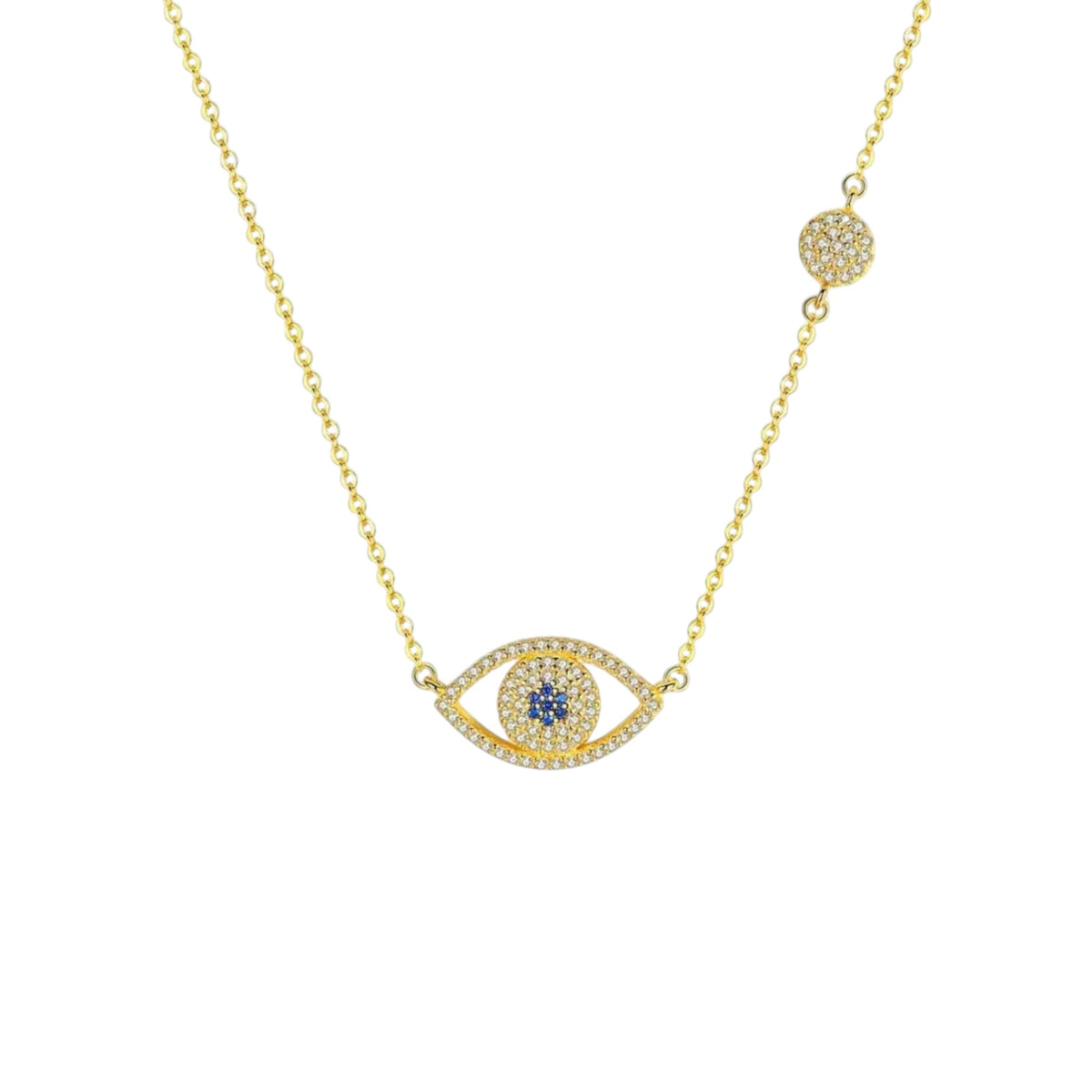 Pavé Evil Eye Necklace in 18ct Gold plated 925 Sterling Silver with zirconia, blue centre stone and pavé disc detail