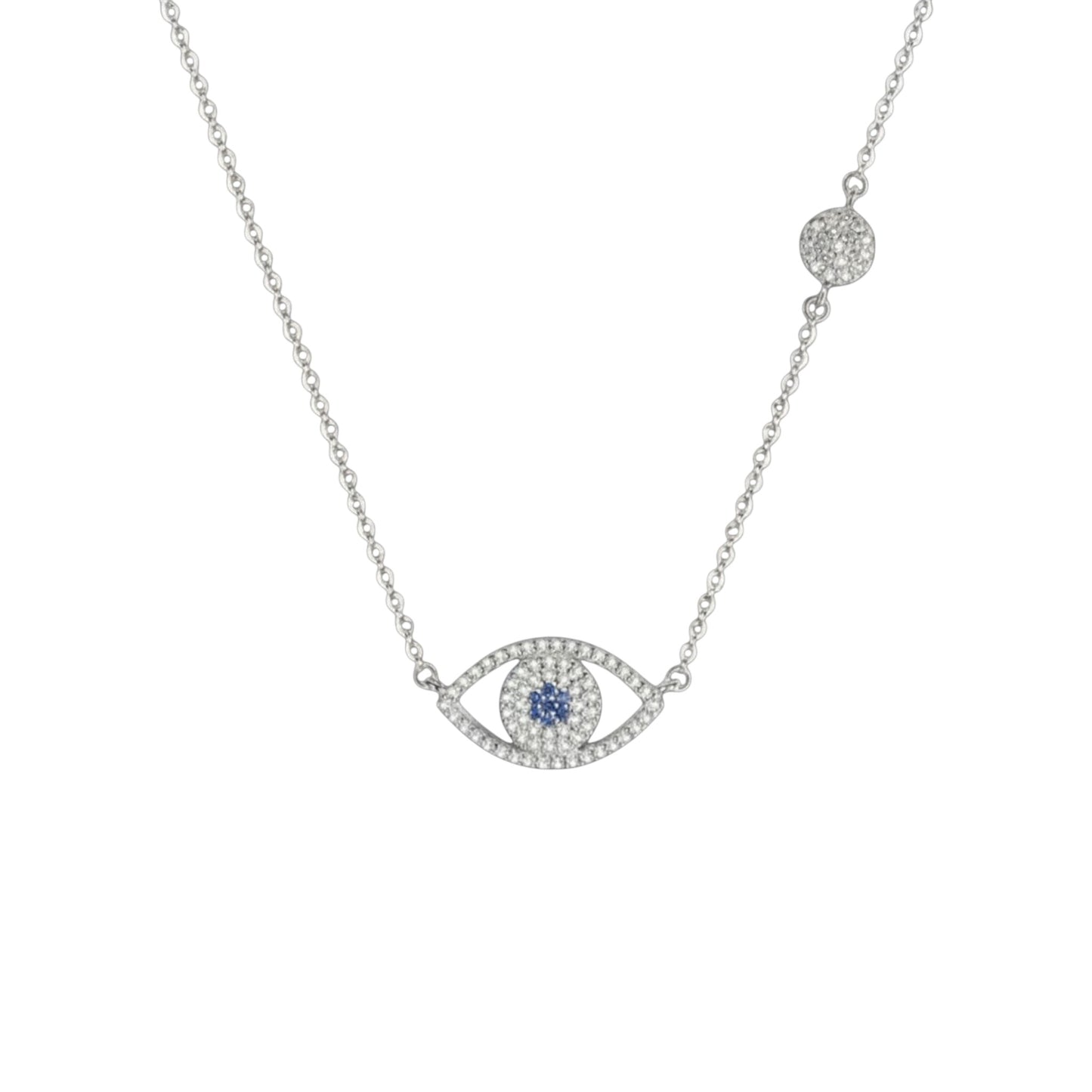 Pavé Evil Eye Necklace in Rhodium plated 925 Sterling Silver with zirconia, blue centre stone and pavé disc detail