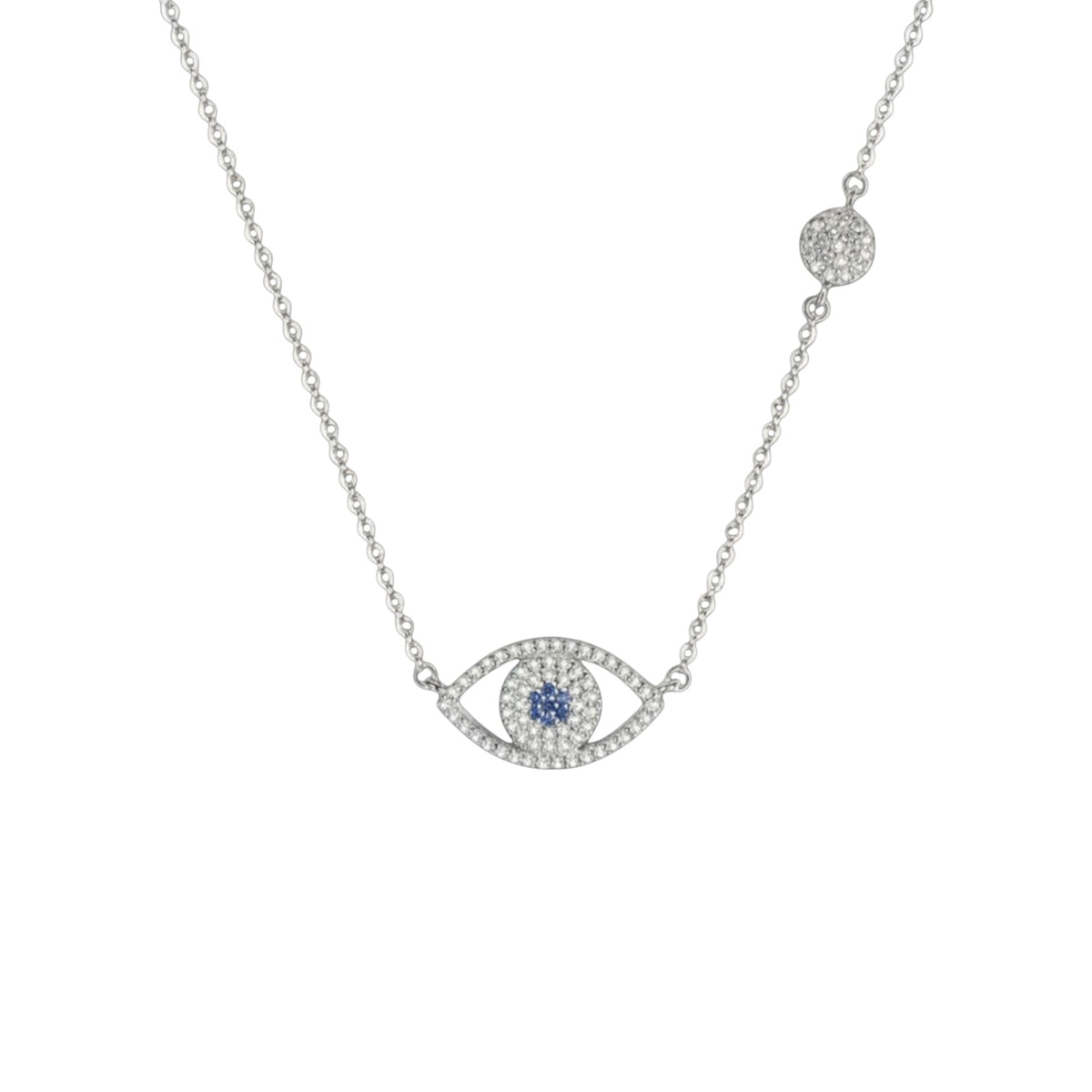Pavé Evil Eye Necklace in Rhodium plated 925 Sterling Silver with zirconia, blue centre stone and pavé disc detail