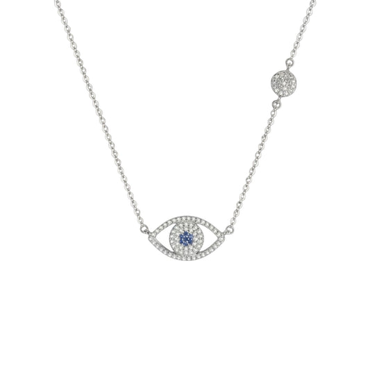Pavé Evil Eye Necklace in Rhodium plated 925 Sterling Silver with zirconia, blue centre stone and pavé disc detail