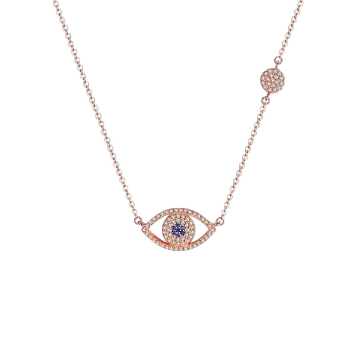Pavé Evil Eye Necklace in Rose Gold plated 925 Sterling Silver with zirconia, blue centre stone and pavé disc detail