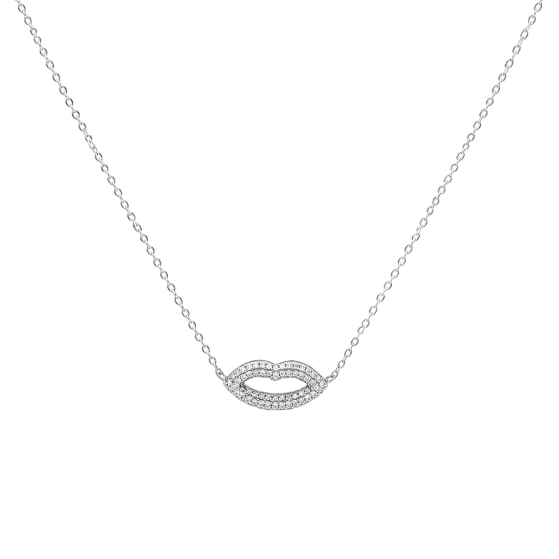 Pavé Lips Necklace in Rhodium plated 925 Sterling Silver with an open lips design and shimmering zirconia detailing