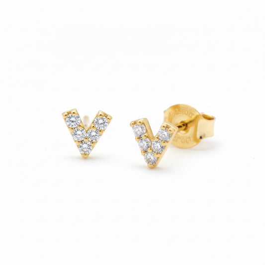 Pavé V Stud Earrings in gold plated finish measuring 5mm with zirconia detail