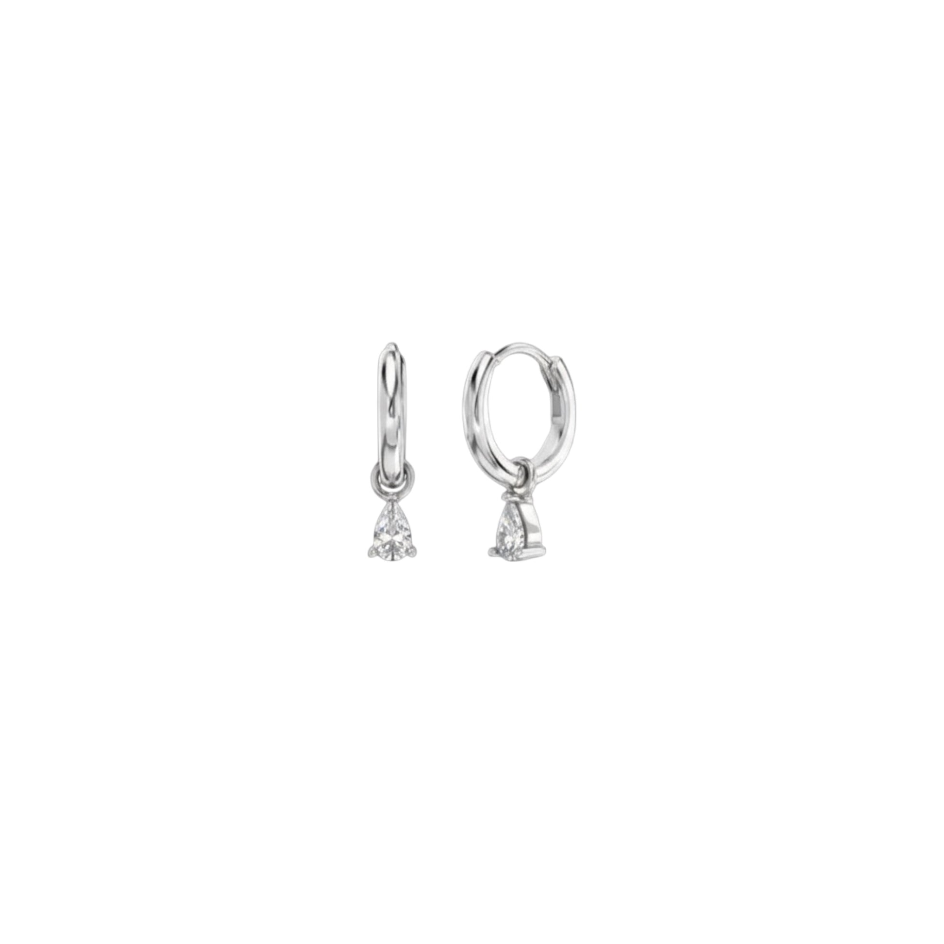 White gold pear drop charm huggie earrings in 925 sterling silver