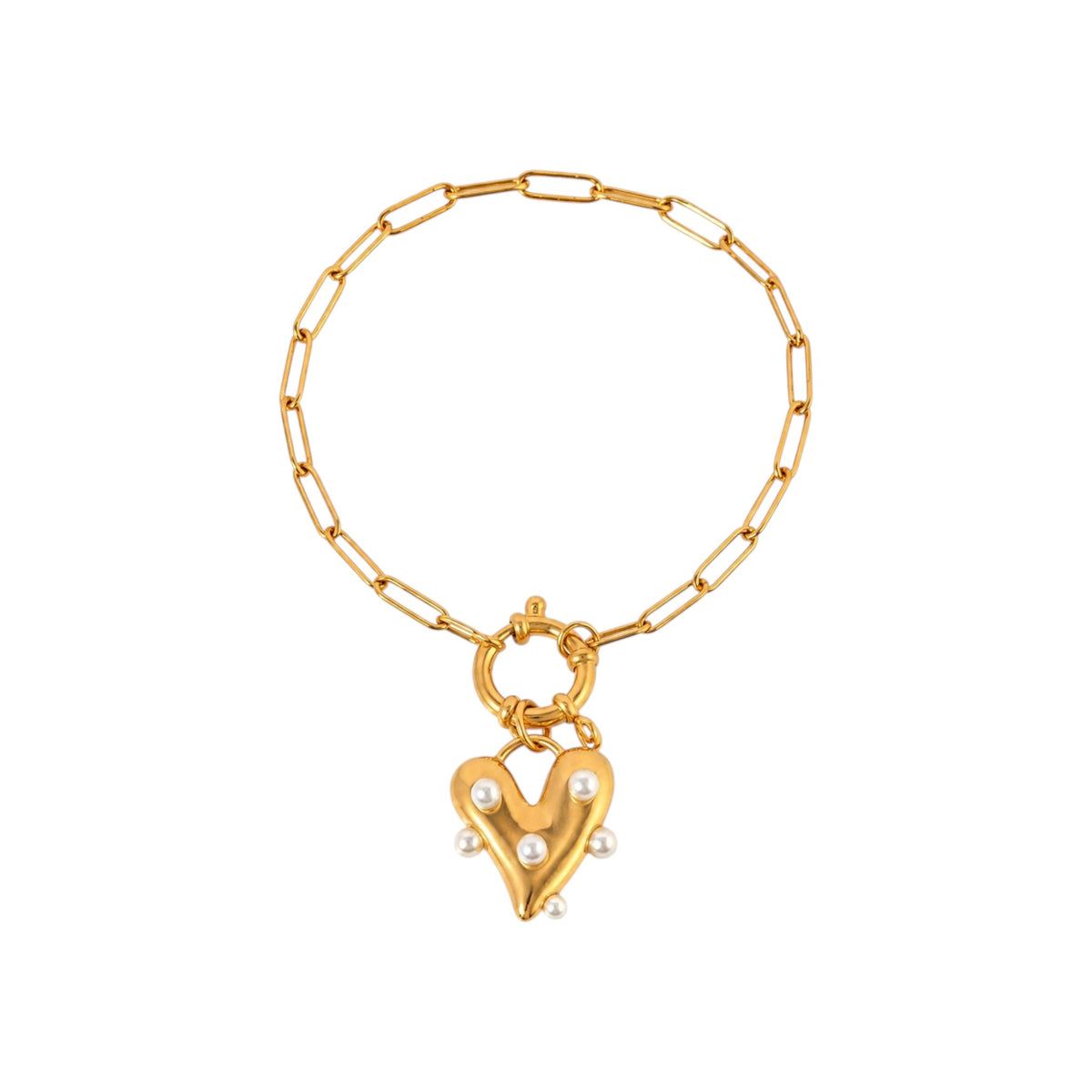 Scandal Kiss Gold Pearl Heart Bracelet with a removable sculpted heart charm, faux pearl accents and link chain