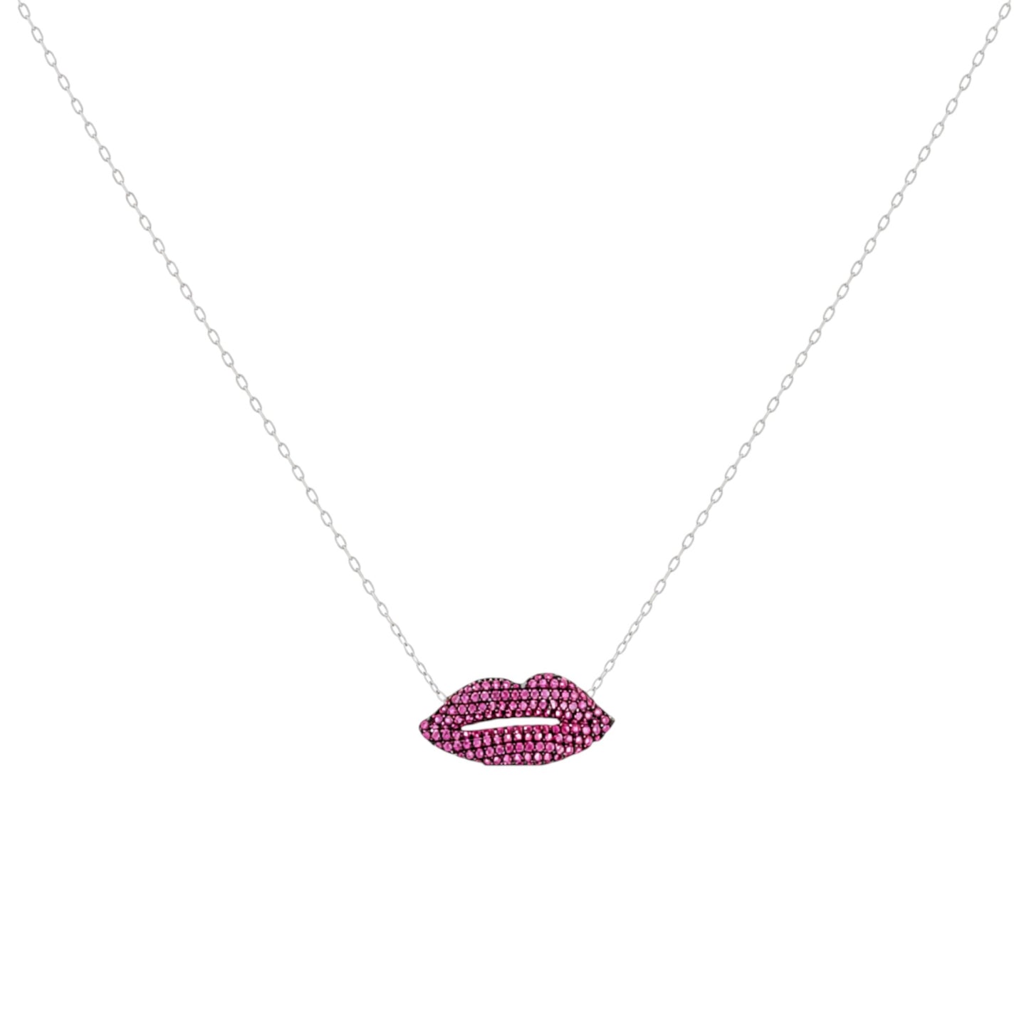 Pink Pavé Lips Necklace in 925 Sterling Silver with an open lips design and vibrant pink zirconias