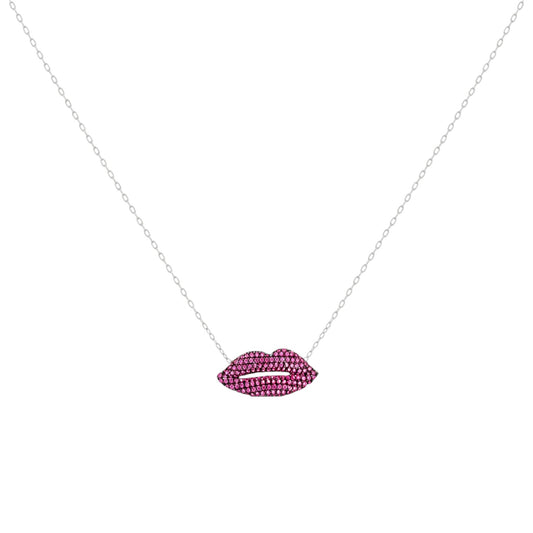 Pink Pavé Lips Necklace in 925 Sterling Silver with an open lips design and vibrant pink zirconias