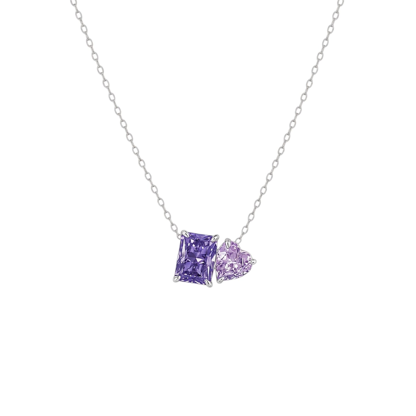 Purple Duo Necklace in 925 Sterling Silver with White Gold plating and two purple centre stones