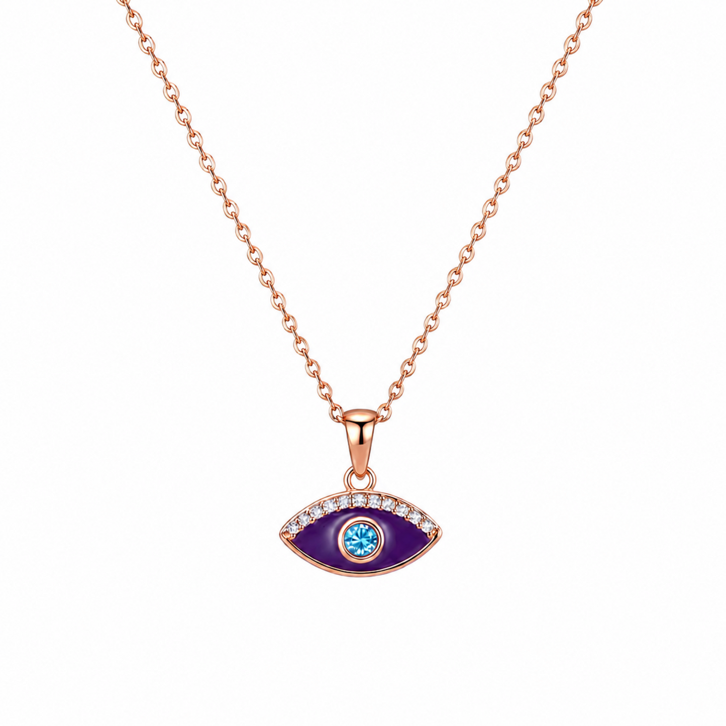 Purple Evil Eye Necklace in Rose Gold plated 925 Sterling Silver with purple enamel, blue zirconia centre and pavé detailing