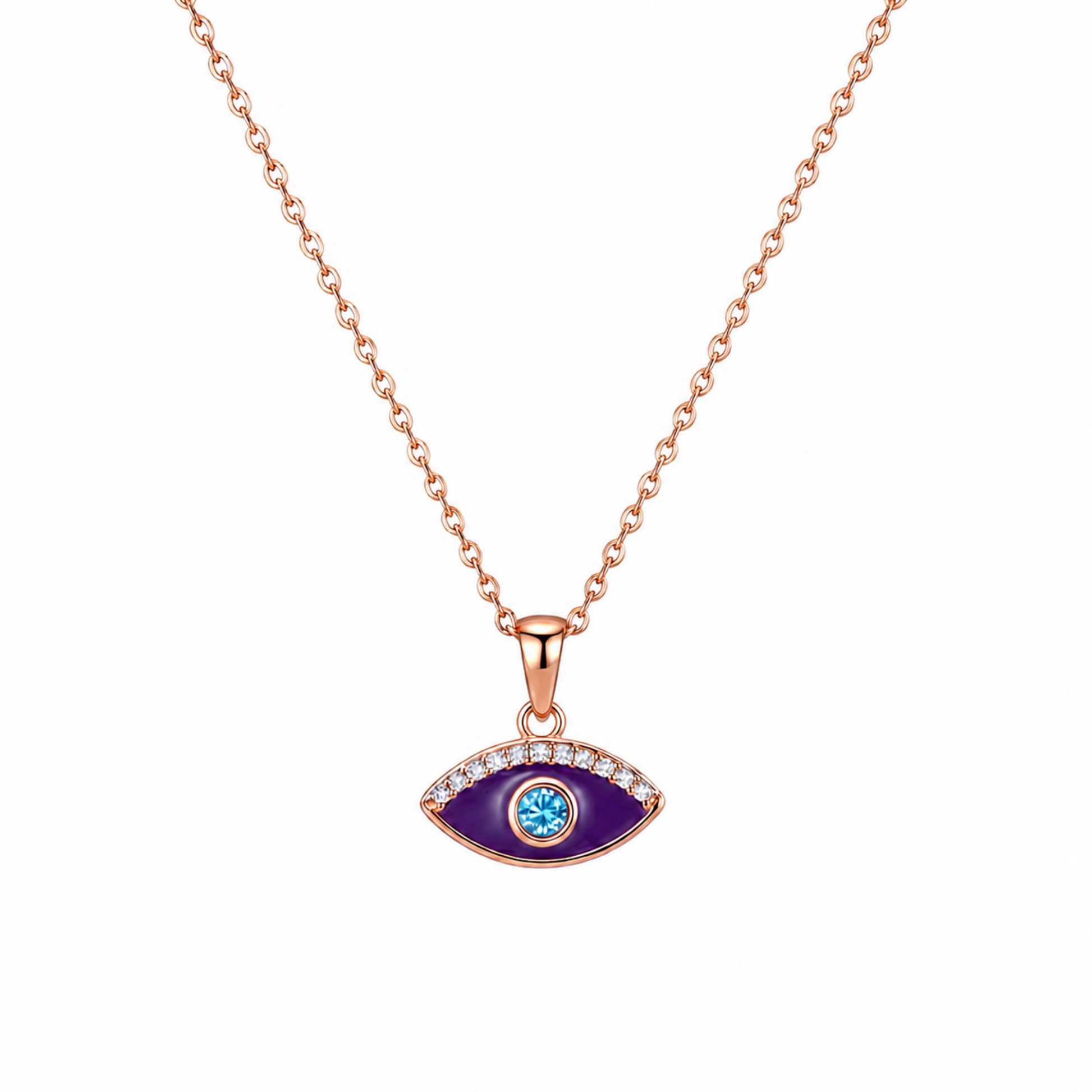 Purple Evil Eye Necklace in Rose Gold plated 925 Sterling Silver with purple enamel, blue zirconia centre and pavé detailing