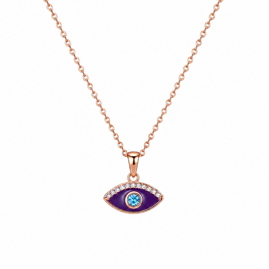 Purple Evil Eye Necklace in Rose Gold plated 925 Sterling Silver with purple enamel, blue zirconia centre and pavé detailing