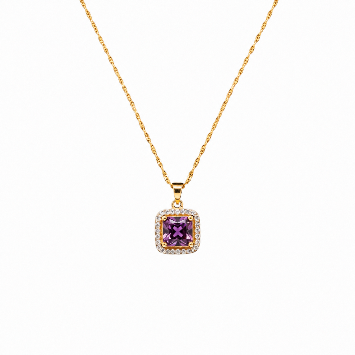 Purple Stone Necklace in 18ct Gold plated Stainless Steel with a purple centre stone framed by sparkling zirconia