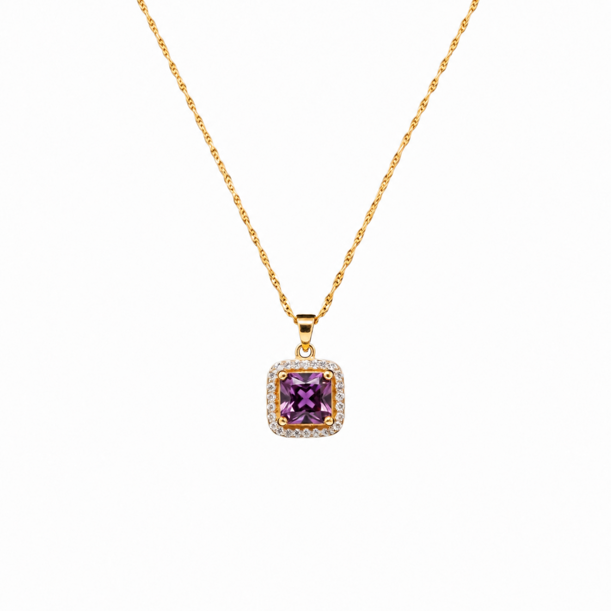Purple Stone Necklace in 18ct Gold plated Stainless Steel with a purple centre stone framed by sparkling zirconia
