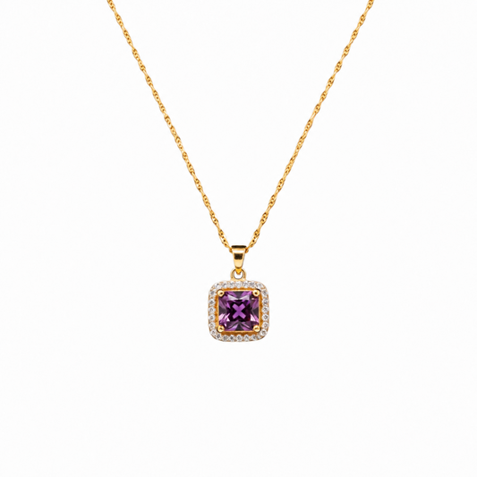 Purple Stone Necklace in 18ct Gold plated Stainless Steel with a purple centre stone framed by sparkling zirconia