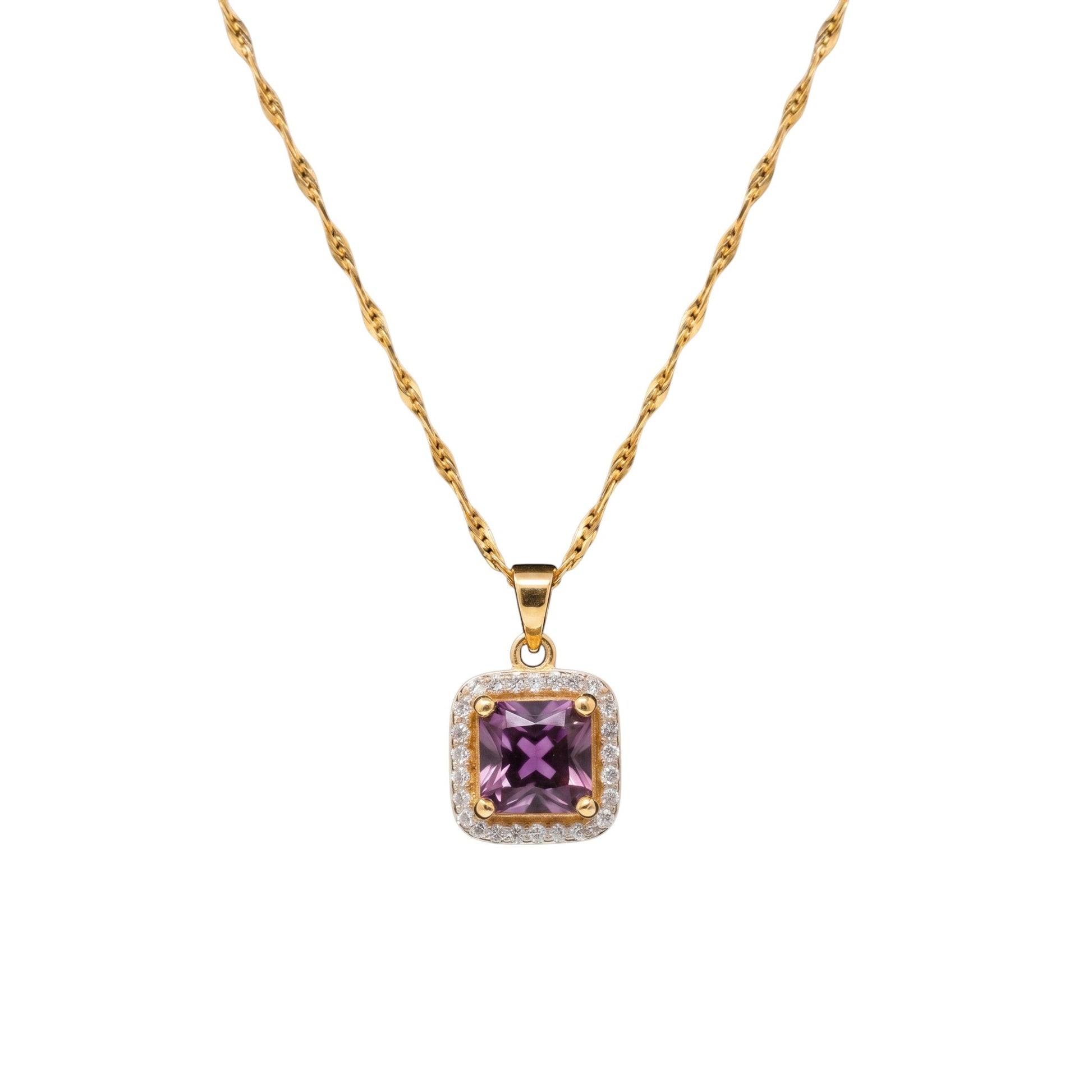 Gold pendant necklace with a purple centre stone and sparkling zirconia detailing
