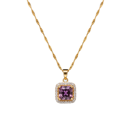 Gold pendant necklace with a purple centre stone and sparkling zirconia detailing