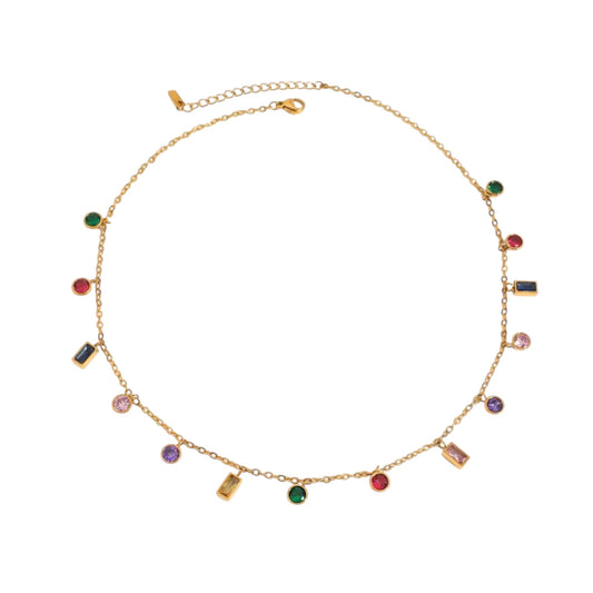 Rainbow charm necklace with multicolour stones in 18ct gold plated stainless steel (44.5cm + 5cm extender)