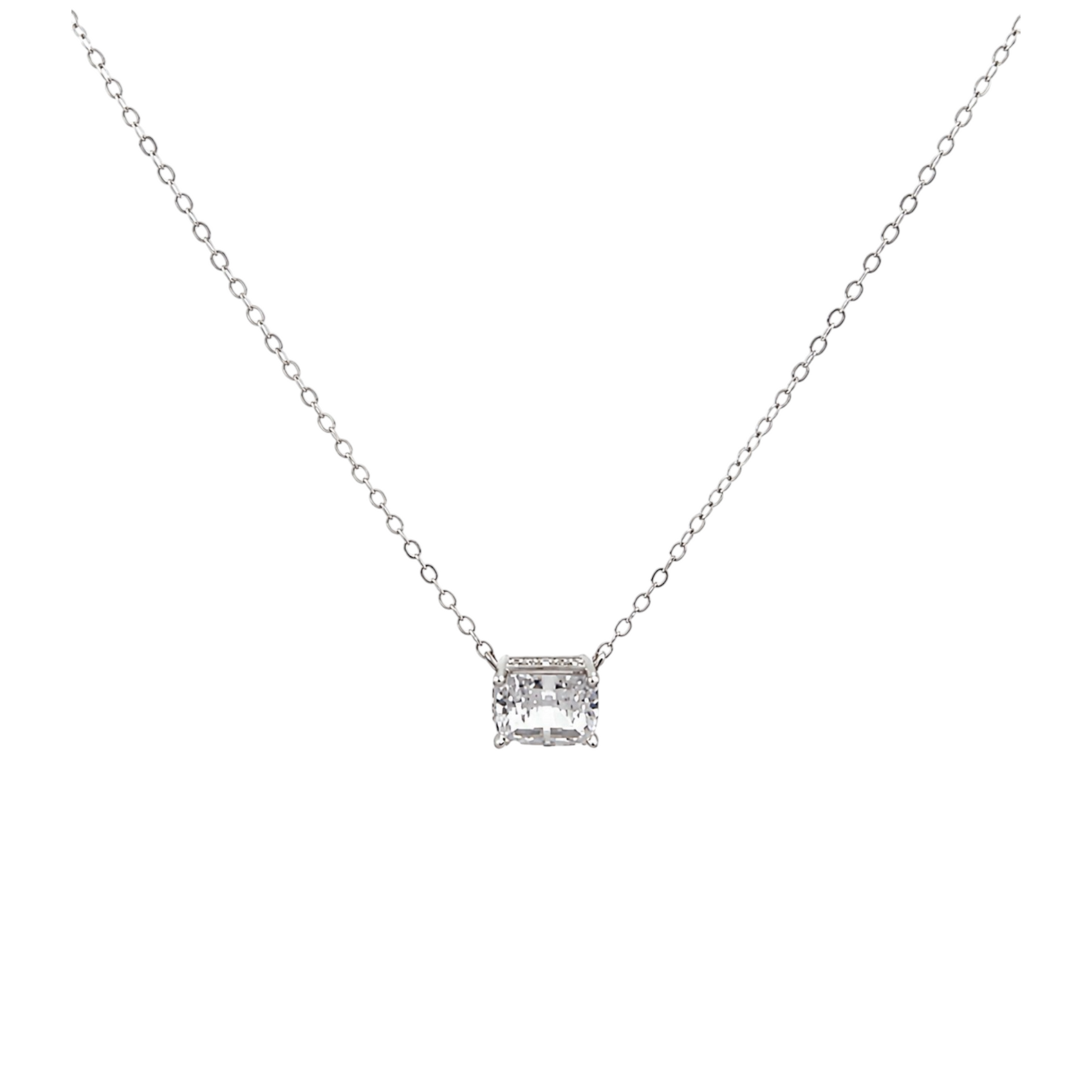Rectangle Stone Necklace in 925 Sterling Silver with White Gold plating featuring a sparkling rectangular clear stone with delicate zirconia detailing