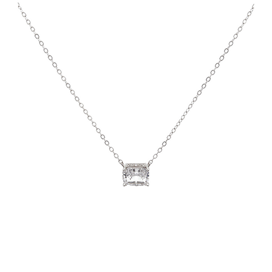 Rectangle Stone Necklace in 925 Sterling Silver with White Gold plating featuring a sparkling rectangular clear stone with delicate zirconia detailing