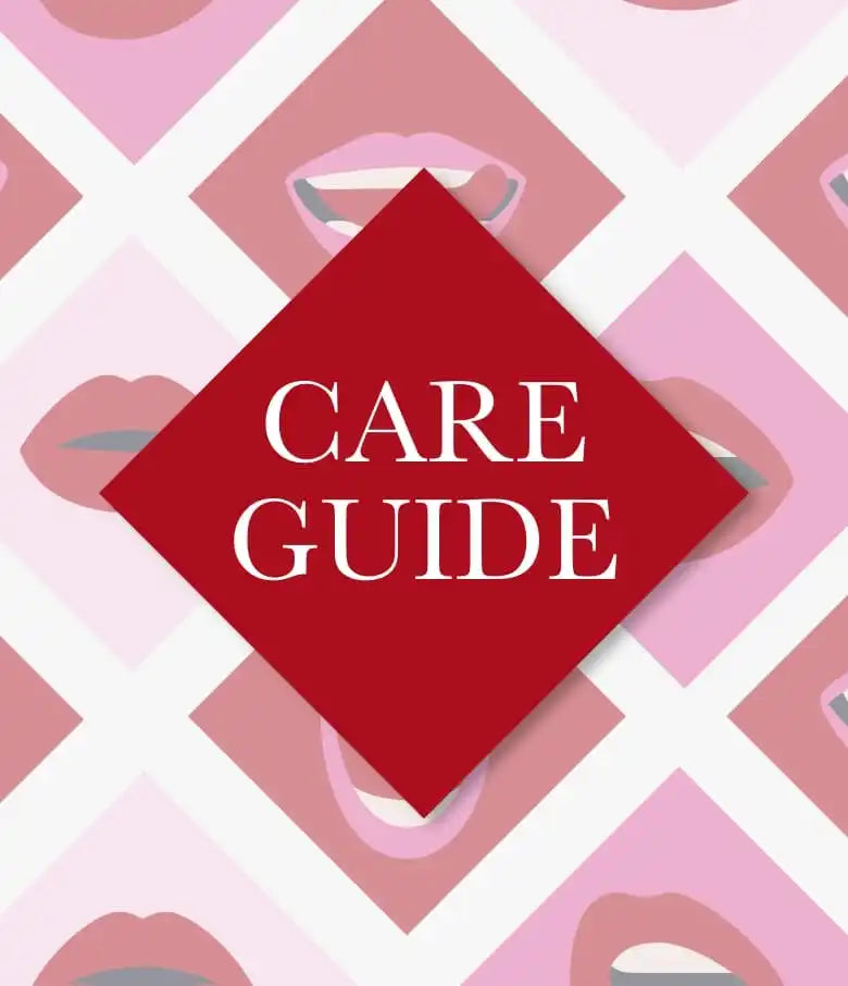 A red diamond-shaped ’CARE GUIDE’ with a pattern of lips in various shades of pink and red in the background.