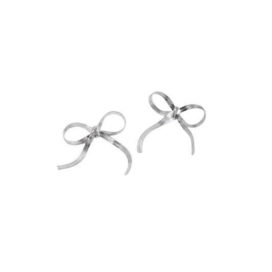 Rhodium bow ribbon stud earrings with a sculptural curved silhouette