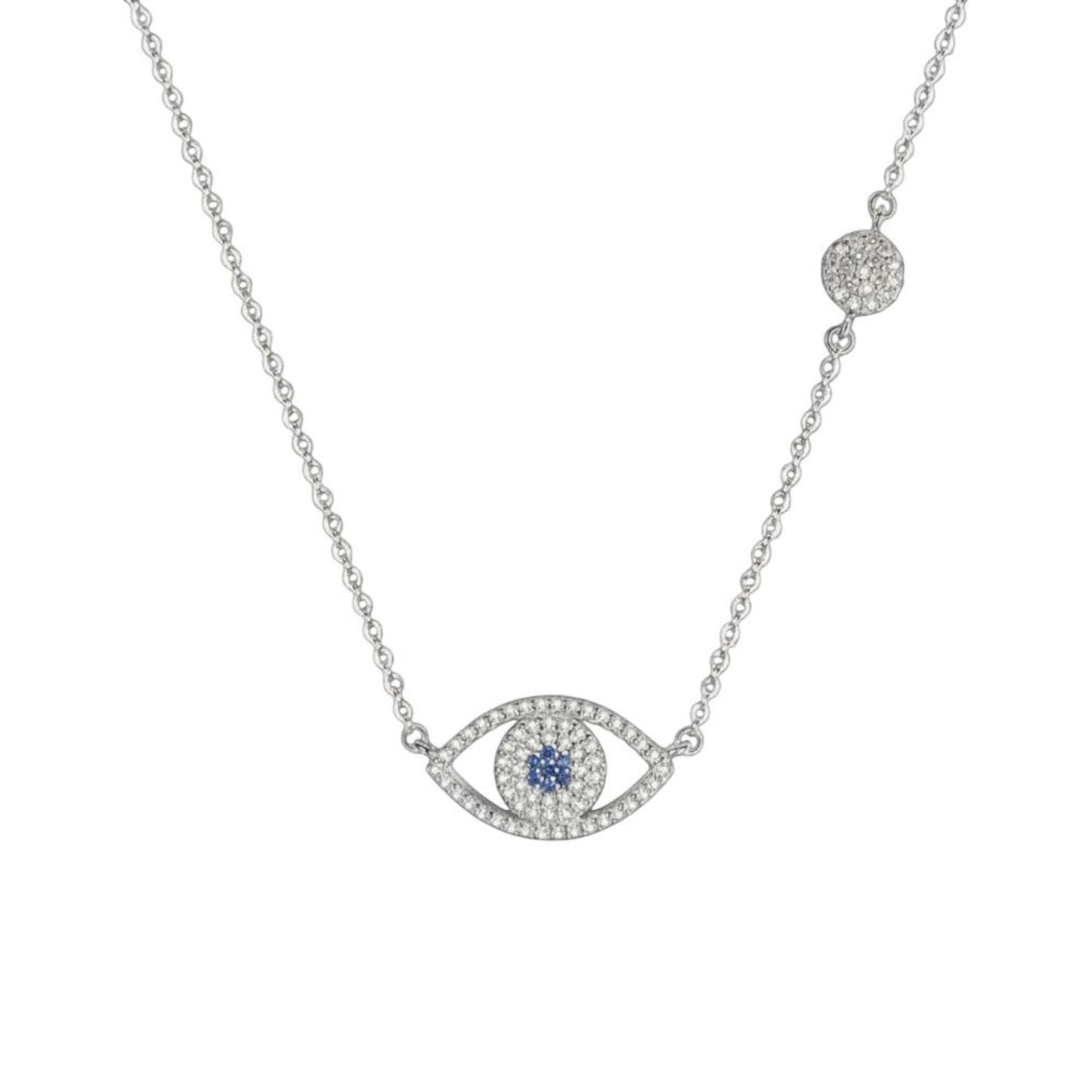 Rhodium plated pavé evil eye necklace with blue zirconia accents